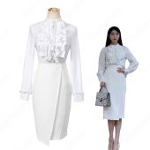 チャン・マンウォル（IU / アイユー）風 シャツ （ホワイト / 長袖）ハーフスカート 『ホテルデルーナ(호텔 델루나、Hotel Del Luna)』第12話 コスチューム 変装・仮装・コスプレ衣装(アイドル制服・学生制服でおすすめの商品)