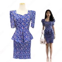 IU（アイユー）風 フローラルプリント シャツ(半袖 / スリムウエスト / スクエアカラー) ハーフスカート セットアップ 『ホテルデルーナ(호텔 델루나、Hotel Del Luna)』第7話 チャン・マンウォル コスチューム 変装・仮装・コスプレ衣装(その他)