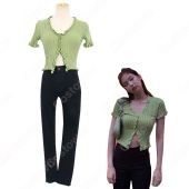 BLACKPINK（ブラックピンク） ジェニー（JENNIE）風 ニット カーディガン （半袖 / アボカドグリーン）ズボン（黑）(送料無料)