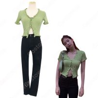 BLACKPINK（ブラックピンク） ジェニー（JENNIE）風 ニット カーディガン （半袖 / アボカドグリーン）ズボン（黑）(JENNIE)