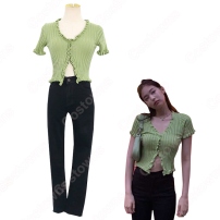 BLACKPINK（ブラックピンク） ジェニー（JENNIE）風 ニット カーディガン （半袖 / アボカドグリーン）ズボン（黑）(202×202)