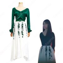IU（アイユー）風衣装 シャツ（長袖 / 濃い緑） かわいいフレアスカート（黒い花の刺繍） 花柄の切替ワンピース 『ホテルデルーナ(호텔 델루나、Hotel Del Luna)』第10話 チャン・マンウォル コスチューム 変装・仮装・コスプレ衣装(その他)