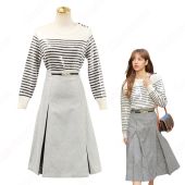 BLACKPINK（ブラックピンク） リサ(LISA) 風 セーター（長袖 / ボーダー柄） ハーフスカート（グレー）(アイドル制服・学生制服でおすすめの商品)