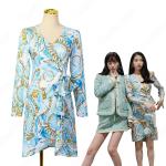 IU（アイユー）風 プリント ワンピース（Vネック / 長袖 / ハイウエスト / ロングスカート / 蝶結び） OL通勤 衣装 『ホテルデルーナ～月明かりの恋人～(호텔 델루나、Hotel Del Luna)』第11話 コスチューム 変装・仮装・コスプレ衣装