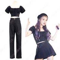 IU （アイユー）風 クロップ・トップ （黑 / ラウンド・ネック / 半袖）(その他)