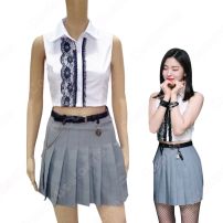 リュジン（RYUJIN）ジャズダンス衣装 ITZY ステージパフォーマンス同じ韓国のファッション 仮装 へそ出し トップス セクシーな プリーツスカート 2 ピースセット 女性用(その他)