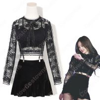 Jennie Kim(キム・ジェニ) ジャズダンス衣装 『BLACKPINK』So Hot ステージ衣装 韓国 アイドル 衣装 レース へそ出し 長袖 サロペットスカート セット セクシーな 社交ダンス 団体服 演出服(JENNIE)