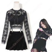 Jennie Kim(キム・ジェニ) ジャズダンス衣装 『BLACKPINK』So Hot ステージ衣装 韓国 アイドル 衣装 レース へそ出し 長袖 サロペットスカート セット セクシーな 社交ダンス 団体服 演出服(202×202)