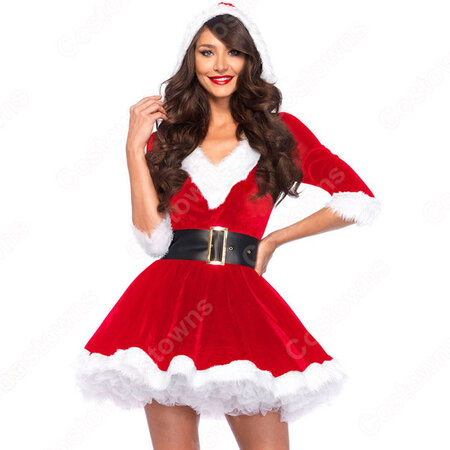 サンタ衣装 サンタクロース コスプレ衣装 レディース セクシー 膝丈 衣装 クリスマス衣装 サンタ テーマパーティー衣装 3点セット ワンピース ベルト パニエ Costowns