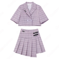 大人ダンス衣装 レディース ジャズダンス衣装 日常服 韓国風 演出服 スーツ （半袖上着(チェック柄) プリーツスカート(チェック柄) クロップ・トップ ）(202×202)
