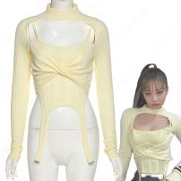 JENNIE(ジェニー) 「Pretty Savage(プリティサベージ) 」 リブデザイン カットアウト クロップドトップス ジャズダンス衣装 ライブ衣装 BLACKPINK（ブラックピンク） 長袖 演出服 韓国 アイドルスタイル ステージ衣装 イエロー 黒 全2色(JENNIE)