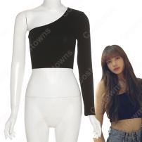 LISA(リサ) ワンショルダー へそ出し衣装『BLACKPINK』 肩見せ ジャズダンス衣装 韓国 アイドル ステージ衣装 ショート丈トップス セクシーな おしゃれ 長袖 社交ダンス 団体服 演出服(202×202)