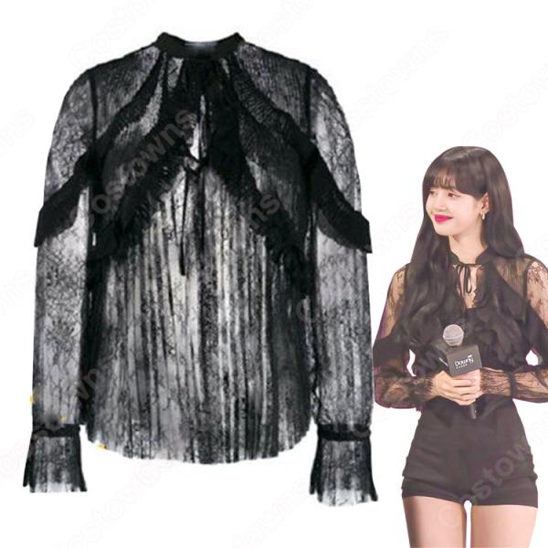 BLACKPINK（ブラックピンク） LISA(リサ) レース 長袖シャツ 黒ショートパンツ 演出服 韓国 ファッション 透視上着 個性 普段着元の画像