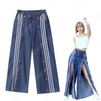 LISA(リサ) ジャズダンス衣装 サイドラインボタン ジーンズ 白スリムフィット タンクトップ ステージ衣装 韓国 アイドル BLACKPINK（ブラックピンク） 演出服 ヒップホップジーンズ(202×202)