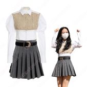 JISOO(ジス) 重ね着風 演出服 Knowing Bros 学園風 おしゃれ 衣装『BLACKPINK』ステージ衣装 韓国 アイドル 衣装 可愛い 仮装 団体服 人気 韓流グッズ 着痩せ 白シャツ プリーツスカート 2点セット(アイドル制服・学生制服でおすすめの商品)
