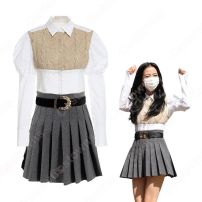 JISOO(ジス) 重ね着風 演出服 Knowing Bros 学園風 おしゃれ 衣装『BLACKPINK』ステージ衣装 韓国 アイドル 衣装 可愛い 仮装 団体服 人気 韓流グッズ 着痩せ 白シャツ プリーツスカート 2点セット(少女時代、IZ*ONE、BLACKPINK、TWICE)