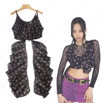 BLACKPINK ジェニー（JENNIE） 衣装 通販 「How You Like That」 ステージ服 MVダンス服 韓国アイドル ファッション 三日月柄 プリント フィッシュネット トップス(202×202)
