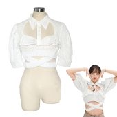 BLACKPINK LISA ジャズダンス衣装 韓国 アイドル ダンス服 日常着 半袖 パフスリーブ 襟付き カットアウト クロップドトップス(アイドル制服・学生制服でおすすめの商品)