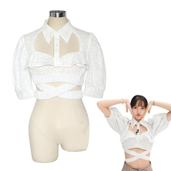 BLACKPINK LISA ジャズダンス衣装 韓国 アイドル ダンス服 日常着 半袖 パフスリーブ 襟付き カットアウト クロップドトップス元の画像