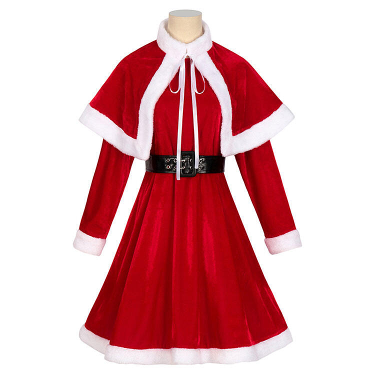 2023 クリスマス ワンピース クリスマスドレス 長袖 マント 仮装 サンタコスプレ 4点セット(マント、ワンピース、ベルト、帽子) -  Costowns